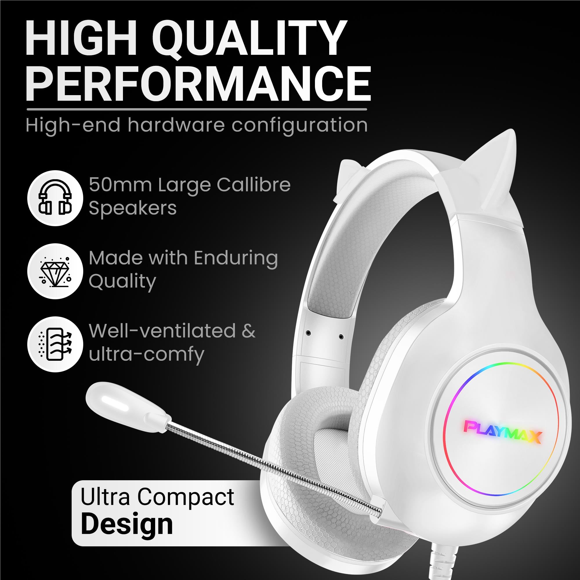 Playmax RGB Cat Ear Gaming Headset - White