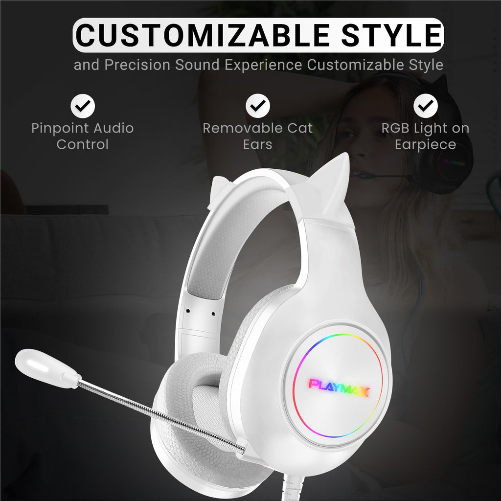 Playmax RGB Cat Ear Gaming Headset - White