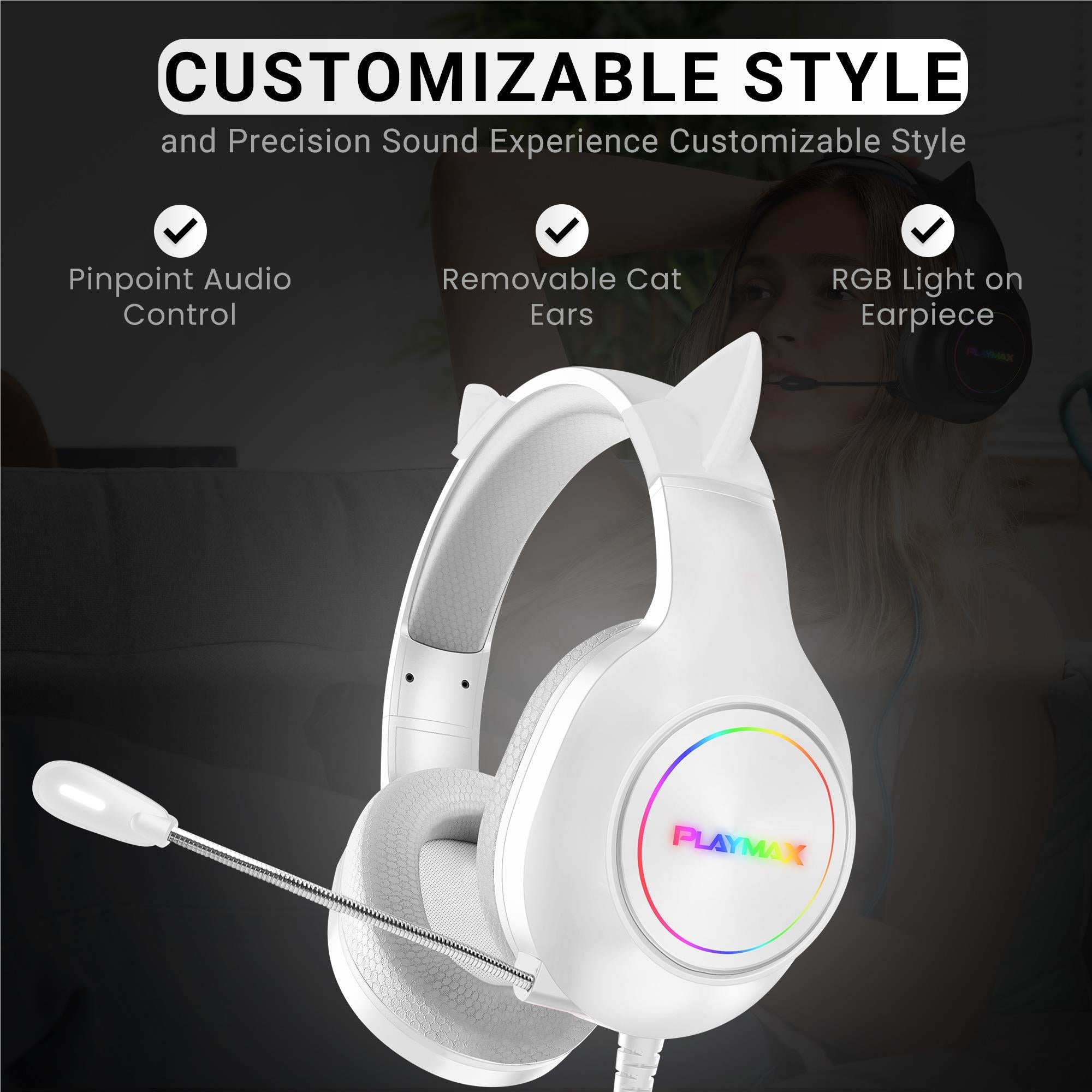 Playmax RGB Cat Ear Gaming Headset - White