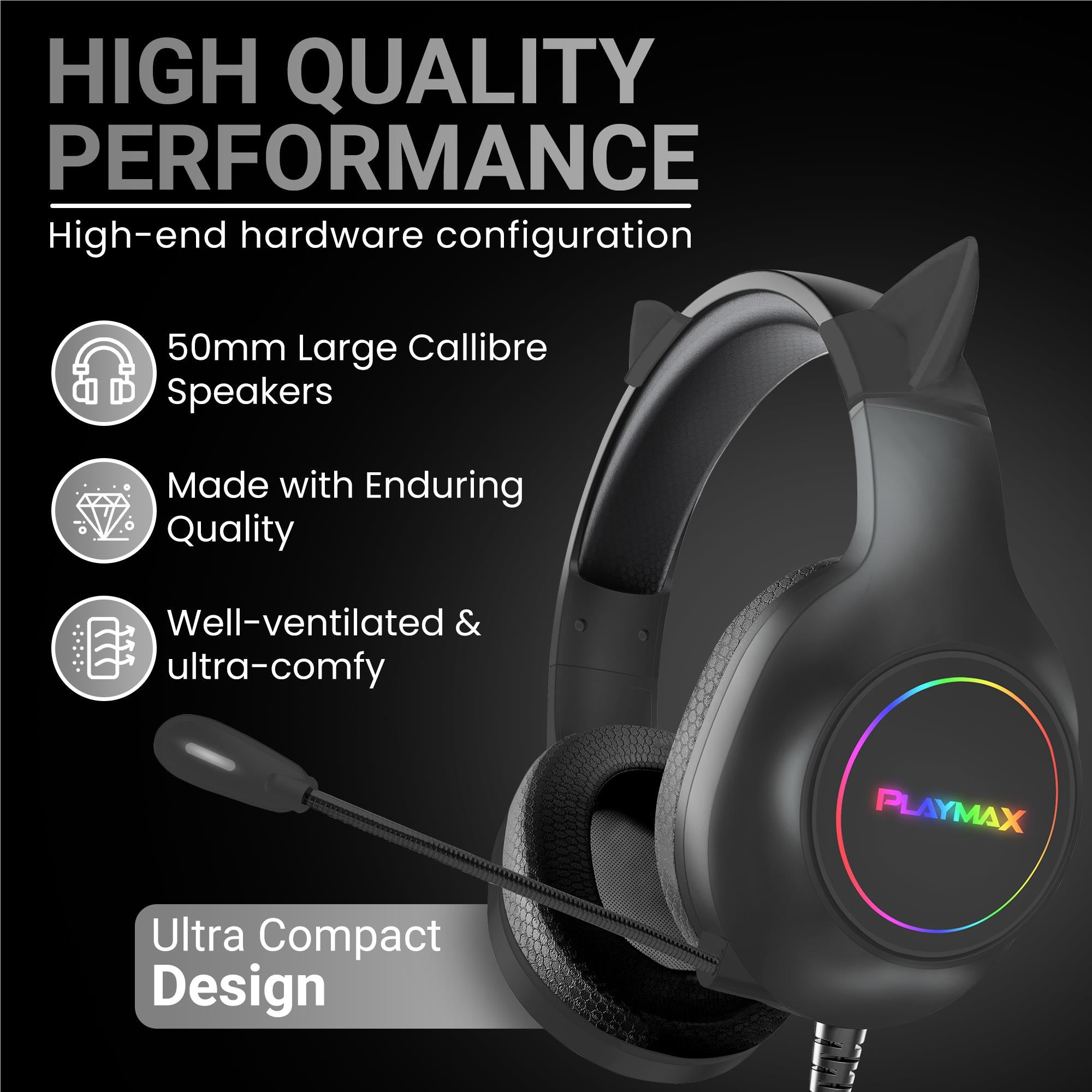 Playmax RGB Cat Ear Gaming Headset - Black